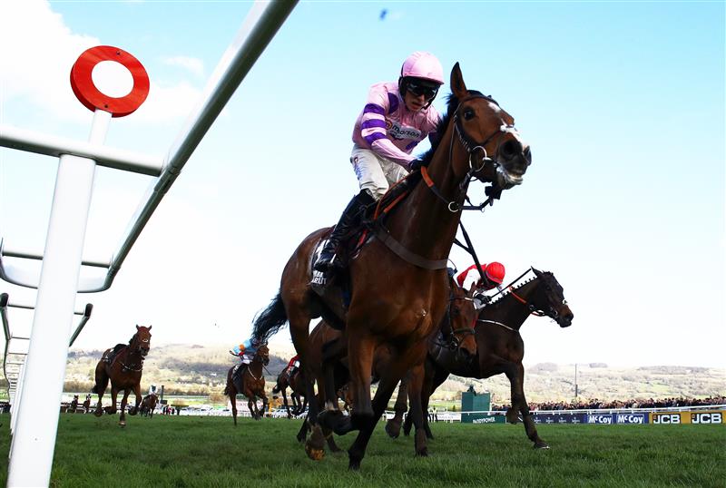 CHELTENHAM, ENGLAND - MARCH 17: Harry Cobden on board Stay Away Fay (L) on their way to winning the Albert Bartlett Novices Hurdle during day four of the Cheltenham Festival 2023 at Cheltenham Racecourse on March 17, 2023 in Cheltenham, England. (Photo by Michael Steele/Getty Images)