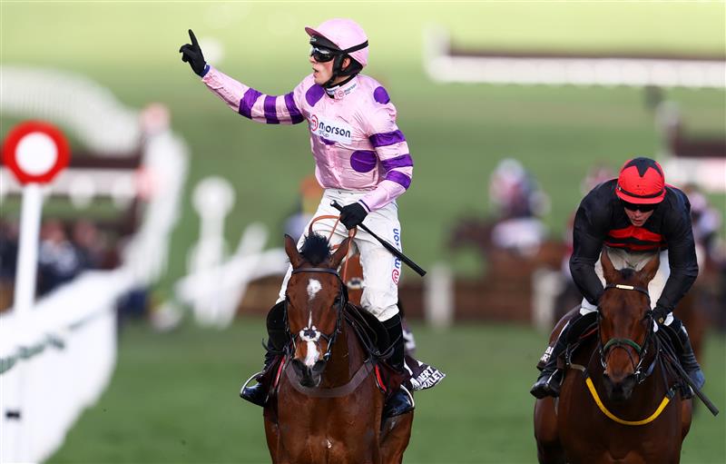 CHELTENHAM, ENGLAND - MARCH 17: Harry Cobden celebrates on board Stay Away Fay after winning the Albert Bartlett Novices Hurdle during day four of the Cheltenham Festival 2023 at Cheltenham Racecourse on March 17, 2023 in Cheltenham, England. (Photo by Michael Steele/Getty Images)