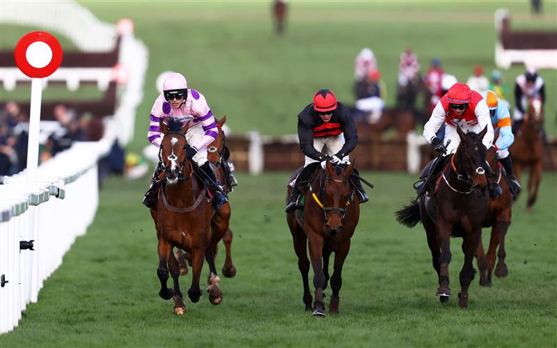 CHELTENHAM, ENGLAND - MARCH 17: Harry Cobden on board Stay Away Fay (L) on their way to winning the Albert Bartlett Novices Hurdle during day four of the Cheltenham Festival 2023 at Cheltenham Racecourse on March 17, 2023 in Cheltenham, England. (Photo by Michael Steele/Getty Images)