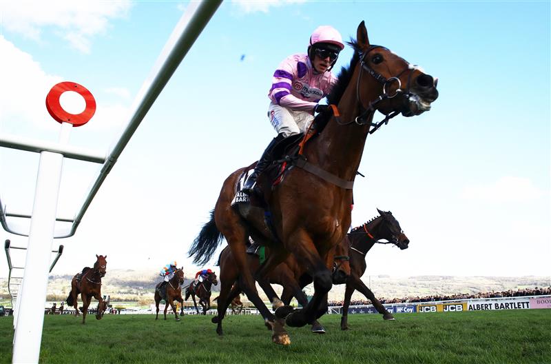 CHELTENHAM, ENGLAND - MARCH 17: Harry Cobden on board Stay Away Fay (L) on their way to winning the Albert Bartlett Novices Hurdle during day four of the Cheltenham Festival 2023 at Cheltenham Racecourse on March 17, 2023 in Cheltenham, England. (Photo by Michael Steele/Getty Images)