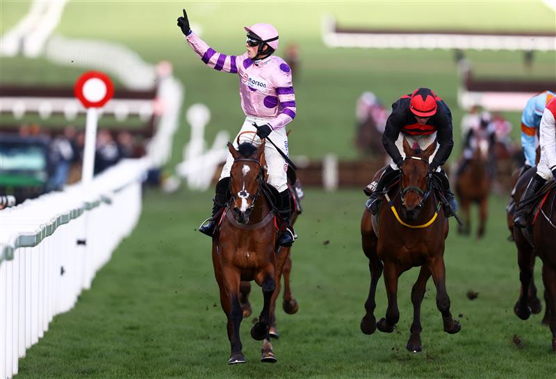 CHELTENHAM, ENGLAND - MARCH 17: Harry Cobden celebrates on board Stay Away Fay after winning the Albert Bartlett Novices Hurdle during day four of the Cheltenham Festival 2023 at Cheltenham Racecourse on March 17, 2023 in Cheltenham, England. (Photo by Michael Steele/Getty Images)