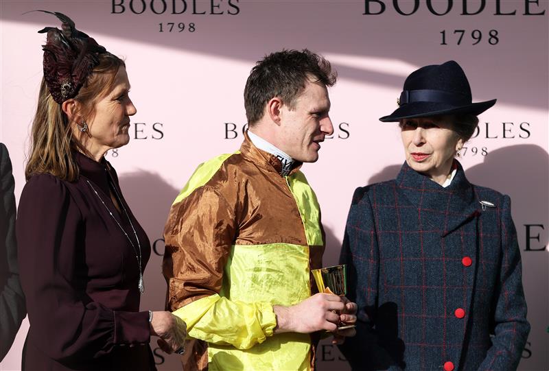 CHELTENHAM, ENGLAND - MARCH 17: Paul Townend poses alongside Anne, Princess Royal after winning the Boodles Cheltenham Gold Cup Chase on board Galopin Des Champs during day four of the Cheltenham Festival 2023 at Cheltenham Racecourse on March 17, 2023 in Cheltenham, England. (Photo by Ryan Pierse/Getty Images)