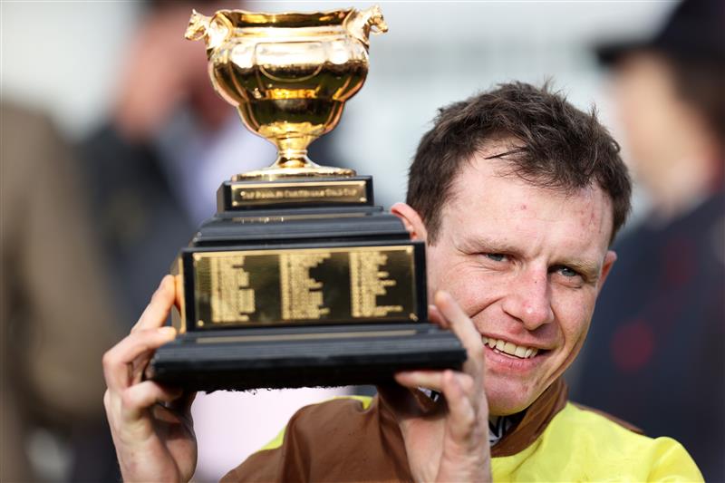 CHELTENHAM, ENGLAND - MARCH 17: Paul Townend poses after winning the Boodles Cheltenham Gold Cup Chase on board Galopin Des Champs during day four of the Cheltenham Festival 2023 at Cheltenham Racecourse on March 17, 2023 in Cheltenham, England. (Photo by Ryan Pierse/Getty Images)