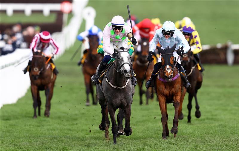 CHELTENHAM, ENGLAND - MARCH 17: Paul Townend celebrates on board Lossiemouth after winning the JCB Triumph Hurdle during day four of the Cheltenham Festival 2023 at Cheltenham Racecourse on March 17, 2023 in Cheltenham, England. (Photo by Michael Steele/Getty Images)