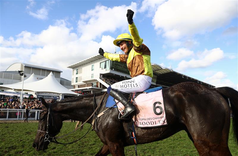 CHELTENHAM, ENGLAND - MARCH 17: Paul Townend on board Galopin Des Champs celebrate after winning the Boodles Cheltenham Gold Cup Chase during day four of the Cheltenham Festival 2023 at Cheltenham Racecourse on March 17, 2023 in Cheltenham, England. (Photo by Michael Steele/Getty Images)