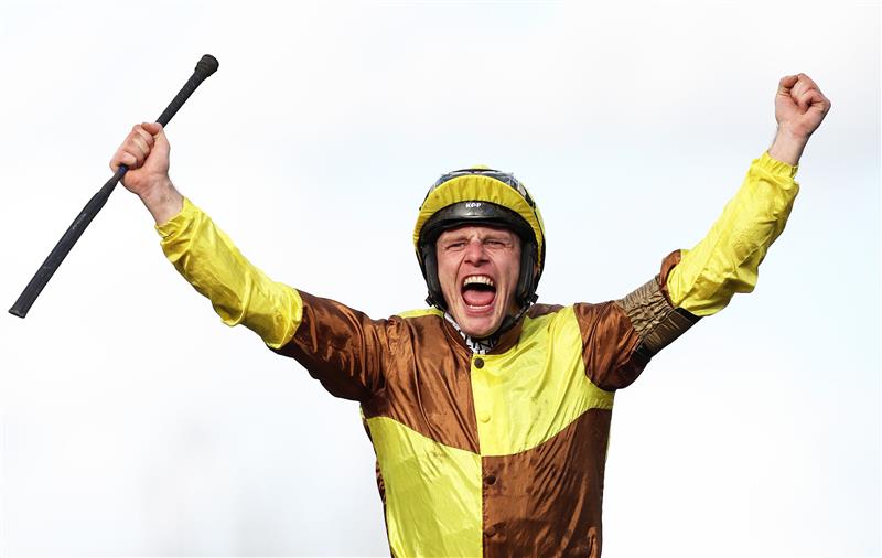 CHELTENHAM, ENGLAND - MARCH 17: Paul Townend on board Galopin Des Champs celebrate after winning the Boodles Cheltenham Gold Cup Chase during day four of the Cheltenham Festival 2023 at Cheltenham Racecourse on March 17, 2023 in Cheltenham, England. (Photo by Ryan Pierse/Getty Images)