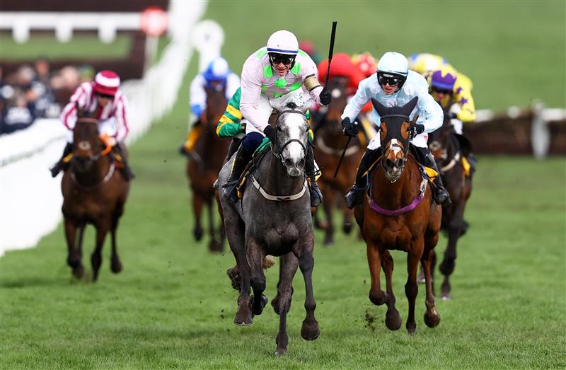 CHELTENHAM, ENGLAND - MARCH 17: Paul Townend celebrates on board Lossiemouth after winning the JCB Triumph Hurdle during day four of the Cheltenham Festival 2023 at Cheltenham Racecourse on March 17, 2023 in Cheltenham, England. (Photo by Michael Steele/Getty Images)