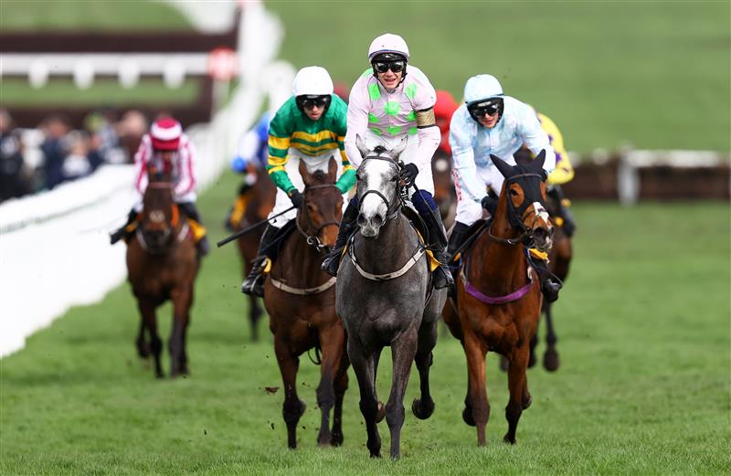 CHELTENHAM, ENGLAND - MARCH 17: Paul Townend celebrates on board Lossiemouth after winning the JCB Triumph Hurdle during day four of the Cheltenham Festival 2023 at Cheltenham Racecourse on March 17, 2023 in Cheltenham, England. (Photo by Michael Steele/Getty Images)