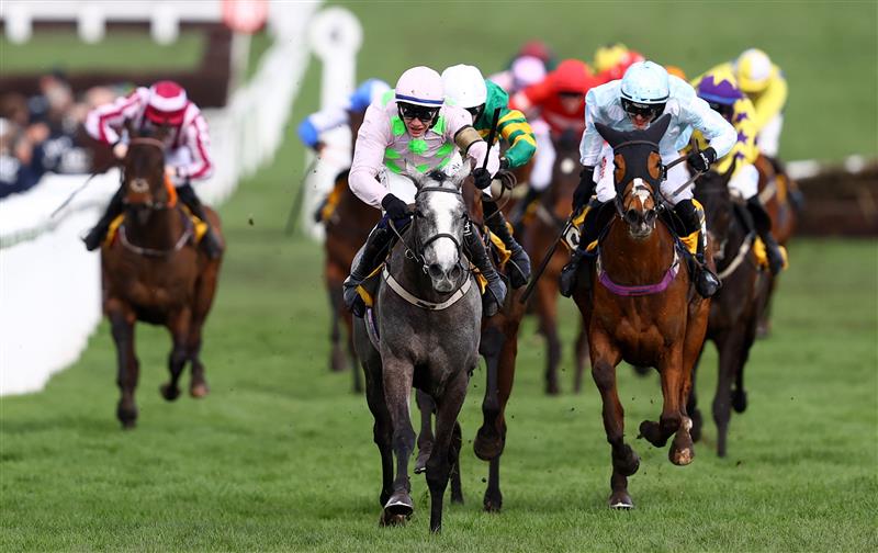 CHELTENHAM, ENGLAND - MARCH 17: Paul Townend celebrates on board Lossiemouth after winning the JCB Triumph Hurdle during day four of the Cheltenham Festival 2023 at Cheltenham Racecourse on March 17, 2023 in Cheltenham, England. (Photo by Michael Steele/Getty Images)