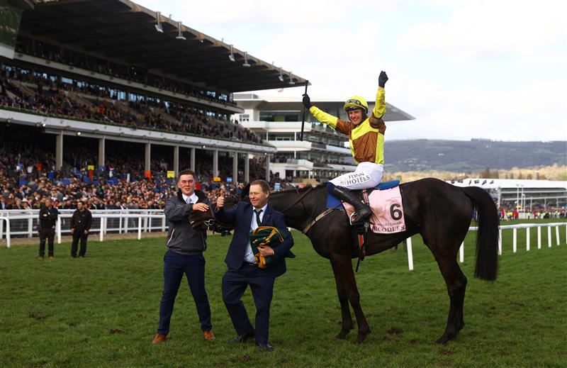 CHELTENHAM, ENGLAND - MARCH 17: Paul Townend on board Galopin Des Champs celebrate after winning the Boodles Cheltenham Gold Cup Chase during day four of the Cheltenham Festival 2023 at Cheltenham Racecourse on March 17, 2023 in Cheltenham, England. (Photo by Michael Steele/Getty Images)