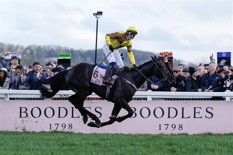 CHELTENHAM, ENGLAND - MARCH 17: Paul Townend riding Galopin Des Champs win The Boodles Cheltenham Gold Cup Chase during day four of the Cheltenham Festival 2023 at Cheltenham Racecourse on March 17, 2023 in Cheltenham, England. (Photo by Alan Crowhurst/Getty Images)