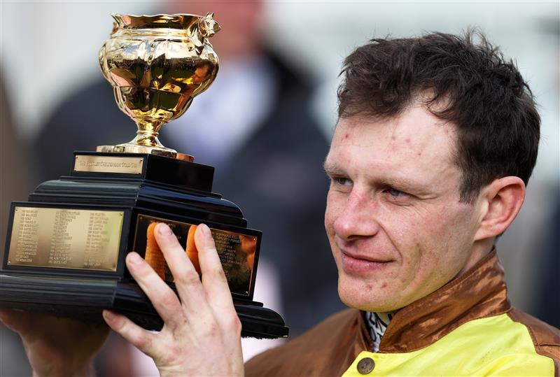 CHELTENHAM, ENGLAND - MARCH 17: Paul Townend poses after winning the Boodles Cheltenham Gold Cup Chase on board Galopin Des Champs during day four of the Cheltenham Festival 2023 at Cheltenham Racecourse on March 17, 2023 in Cheltenham, England. (Photo by Ryan Pierse/Getty Images)
