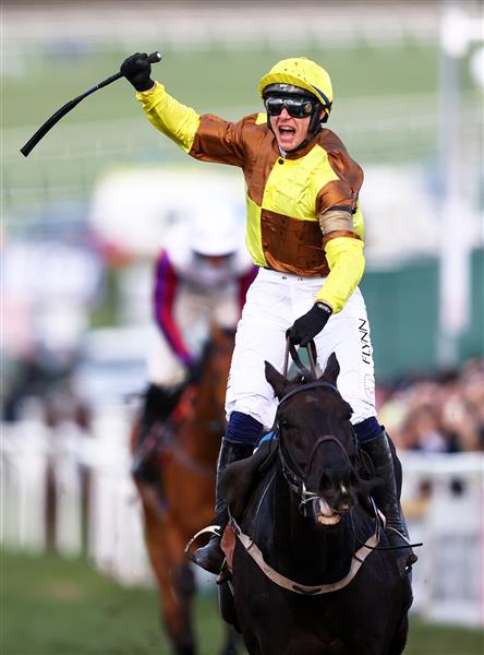 CHELTENHAM, ENGLAND - MARCH 17: Paul Townend on board Galopin Des Champs celebrate after winning the Boodles Cheltenham Gold Cup Chase during day four of the Cheltenham Festival 2023 at Cheltenham Racecourse on March 17, 2023 in Cheltenham, England. (Photo by Michael Steele/Getty Images)