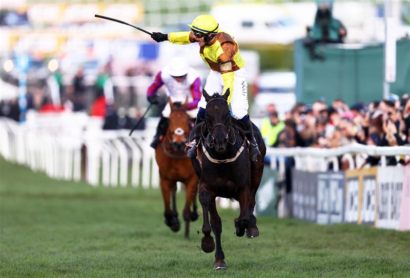 CHELTENHAM, ENGLAND - MARCH 17: Paul Townend on board Galopin Des Champs celebrate after winning the Boodles Cheltenham Gold Cup Chase during day four of the Cheltenham Festival 2023 at Cheltenham Racecourse on March 17, 2023 in Cheltenham, England. (Photo by Michael Steele/Getty Images)