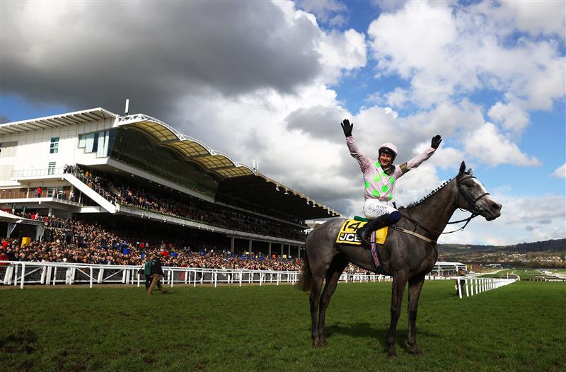 CHELTENHAM, ENGLAND - MARCH 17: Paul Townend celebrates on board Lossiemouth after winning the JCB Triumph Hurdle during day four of the Cheltenham Festival 2023 at Cheltenham Racecourse on March 17, 2023 in Cheltenham, England. (Photo by Michael Steele/Getty Images)