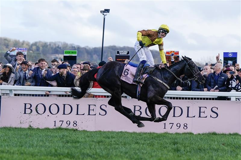 CHELTENHAM, ENGLAND - MARCH 17: Paul Townend riding Galopin Des Champs win The Boodles Cheltenham Gold Cup Chase during day four of the Cheltenham Festival 2023 at Cheltenham Racecourse on March 17, 2023 in Cheltenham, England. (Photo by Alan Crowhurst/Getty Images)