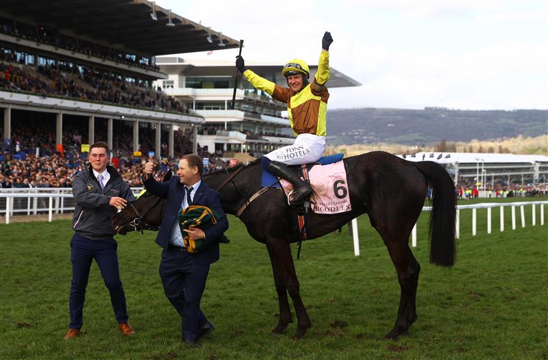 CHELTENHAM, ENGLAND - MARCH 17: Paul Townend on board Galopin Des Champs celebrate after winning the Boodles Cheltenham Gold Cup Chase during day four of the Cheltenham Festival 2023 at Cheltenham Racecourse on March 17, 2023 in Cheltenham, England. (Photo by Michael Steele/Getty Images)