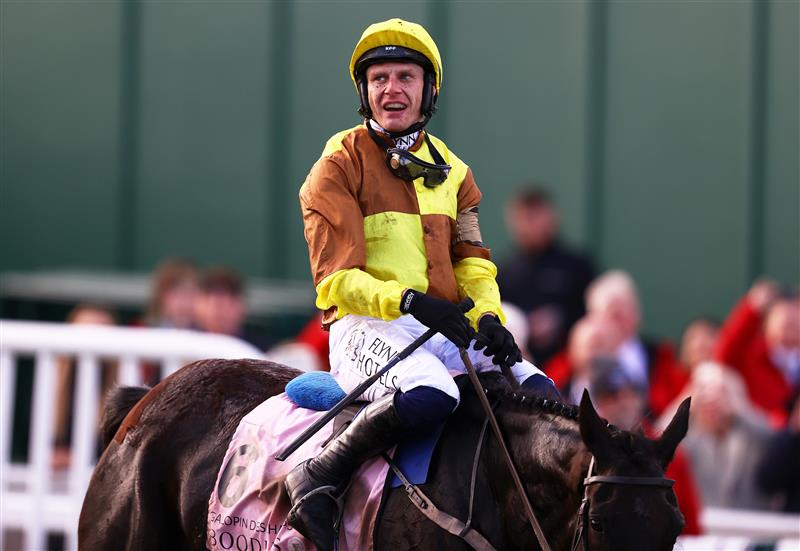 CHELTENHAM, ENGLAND - MARCH 17: Paul Townend on board Galopin Des Champs celebrate after winning the Boodles Cheltenham Gold Cup Chase during day four of the Cheltenham Festival 2023 at Cheltenham Racecourse on March 17, 2023 in Cheltenham, England. (Photo by Michael Steele/Getty Images)