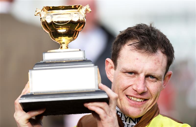 CHELTENHAM, ENGLAND - MARCH 17: Paul Townend poses after winning the Boodles Cheltenham Gold Cup Chase on board Galopin Des Champs during day four of the Cheltenham Festival 2023 at Cheltenham Racecourse on March 17, 2023 in Cheltenham, England. (Photo by Ryan Pierse/Getty Images)