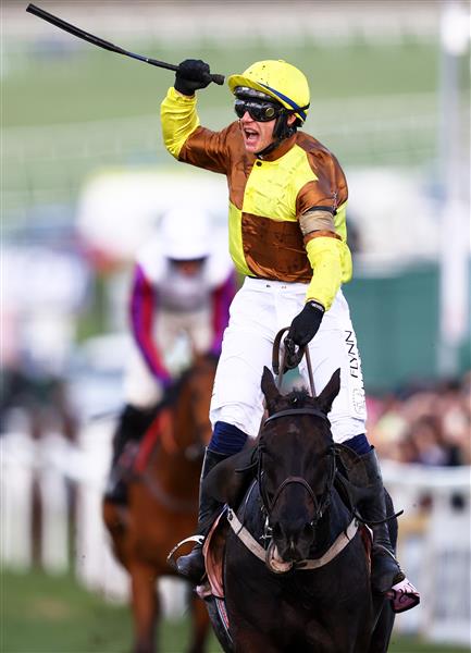 CHELTENHAM, ENGLAND - MARCH 17: Paul Townend on board Galopin Des Champs celebrate after winning the Boodles Cheltenham Gold Cup Chase during day four of the Cheltenham Festival 2023 at Cheltenham Racecourse on March 17, 2023 in Cheltenham, England. (Photo by Michael Steele/Getty Images)