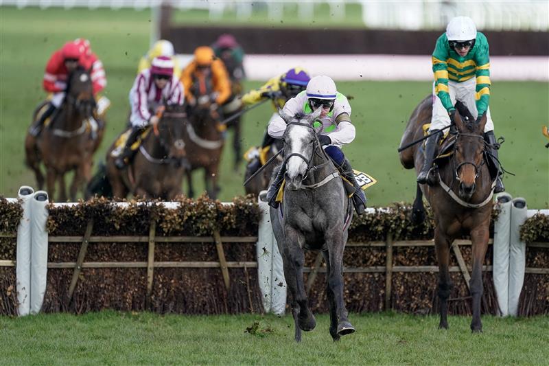 CHELTENHAM, ENGLAND - MARCH 17: Paul Townend riding Lossiemouth (pink) clear the last to win The JCB Triumph Hurdle during day four of the Cheltenham Festival 2023 at Cheltenham Racecourse on March 17, 2023 in Cheltenham, England. (Photo by Alan Crowhurst/Getty Images)
