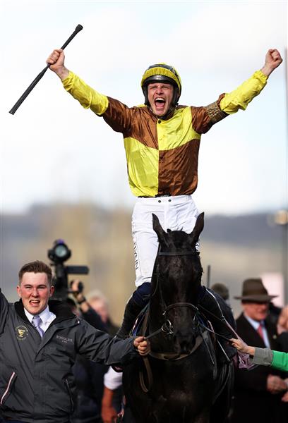CHELTENHAM, ENGLAND - MARCH 17: Paul Townend on board Galopin Des Champs celebrate after winning the Boodles Cheltenham Gold Cup Chase during day four of the Cheltenham Festival 2023 at Cheltenham Racecourse on March 17, 2023 in Cheltenham, England. (Photo by Ryan Pierse/Getty Images)