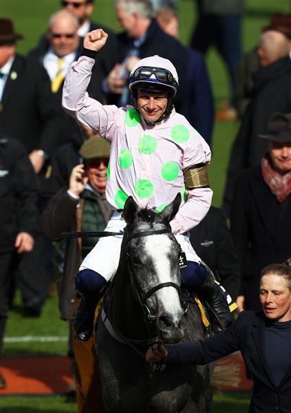 CHELTENHAM, ENGLAND - MARCH 17: Paul Townend celebrates on board Lossiemouth after winning the JCB Triumph Hurdle during day four of the Cheltenham Festival 2023 at Cheltenham Racecourse on March 17, 2023 in Cheltenham, England. (Photo by Michael Steele/Getty Images)