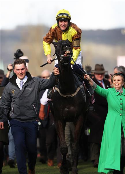 CHELTENHAM, ENGLAND - MARCH 17: Paul Townend on board Galopin Des Champs celebrate after winning the Boodles Cheltenham Gold Cup Chase during day four of the Cheltenham Festival 2023 at Cheltenham Racecourse on March 17, 2023 in Cheltenham, England. (Photo by Ryan Pierse/Getty Images)
