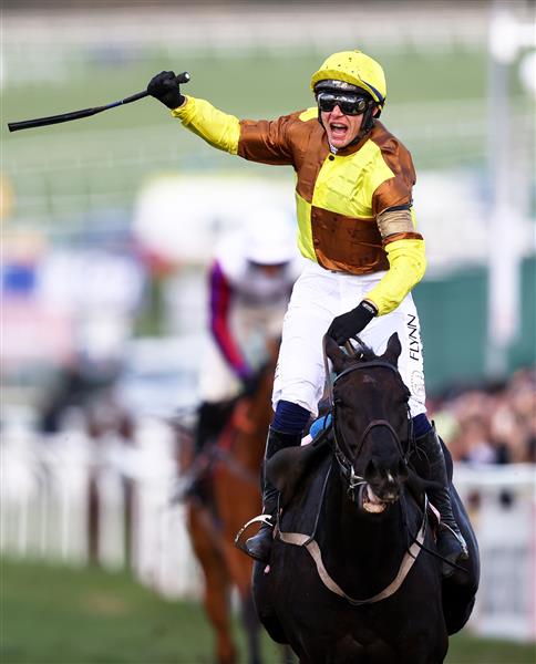CHELTENHAM, ENGLAND - MARCH 17: Paul Townend on board Galopin Des Champs celebrate after winning the Boodles Cheltenham Gold Cup Chase during day four of the Cheltenham Festival 2023 at Cheltenham Racecourse on March 17, 2023 in Cheltenham, England. (Photo by Michael Steele/Getty Images)