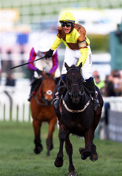 CHELTENHAM, ENGLAND - MARCH 17: Paul Townend on board Galopin Des Champs celebrate after winning the Boodles Cheltenham Gold Cup Chase during day four of the Cheltenham Festival 2023 at Cheltenham Racecourse on March 17, 2023 in Cheltenham, England. (Photo by Michael Steele/Getty Images)