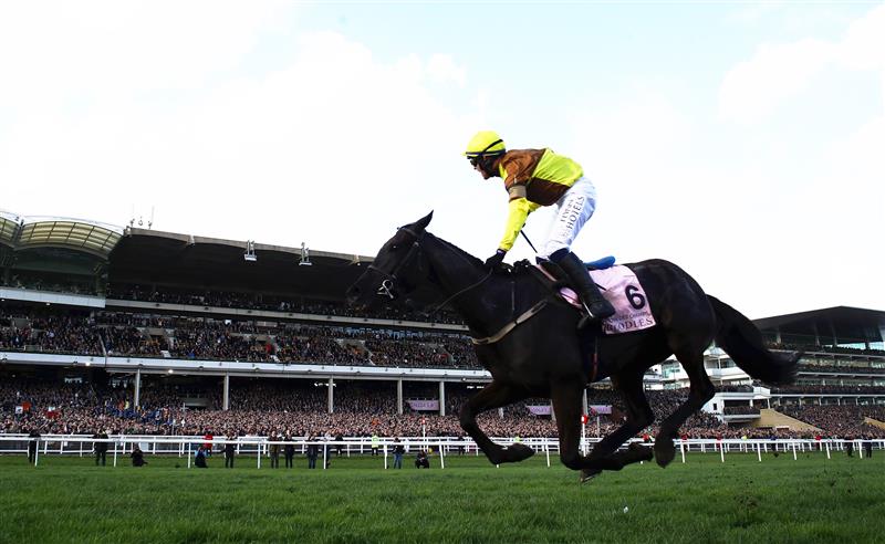 CHELTENHAM, ENGLAND - MARCH 17: Paul Townend on board Galopin Des Champs celebrate after winning the Boodles Cheltenham Gold Cup Chase during day four of the Cheltenham Festival 2023 at Cheltenham Racecourse on March 17, 2023 in Cheltenham, England. (Photo by Michael Steele/Getty Images)