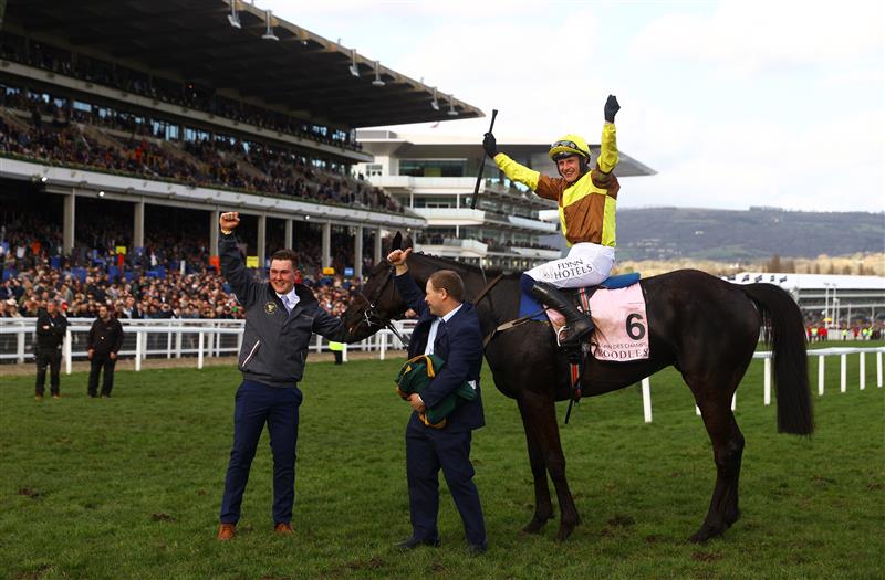 CHELTENHAM, ENGLAND - MARCH 17: Paul Townend on board Galopin Des Champs celebrate after winning the Boodles Cheltenham Gold Cup Chase during day four of the Cheltenham Festival 2023 at Cheltenham Racecourse on March 17, 2023 in Cheltenham, England. (Photo by Michael Steele/Getty Images)
