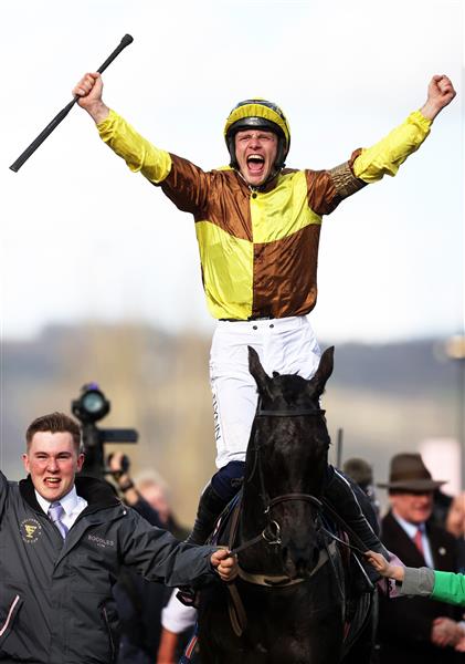 CHELTENHAM, ENGLAND - MARCH 17: Paul Townend on board Galopin Des Champs celebrate after winning the Boodles Cheltenham Gold Cup Chase during day four of the Cheltenham Festival 2023 at Cheltenham Racecourse on March 17, 2023 in Cheltenham, England. (Photo by Ryan Pierse/Getty Images)