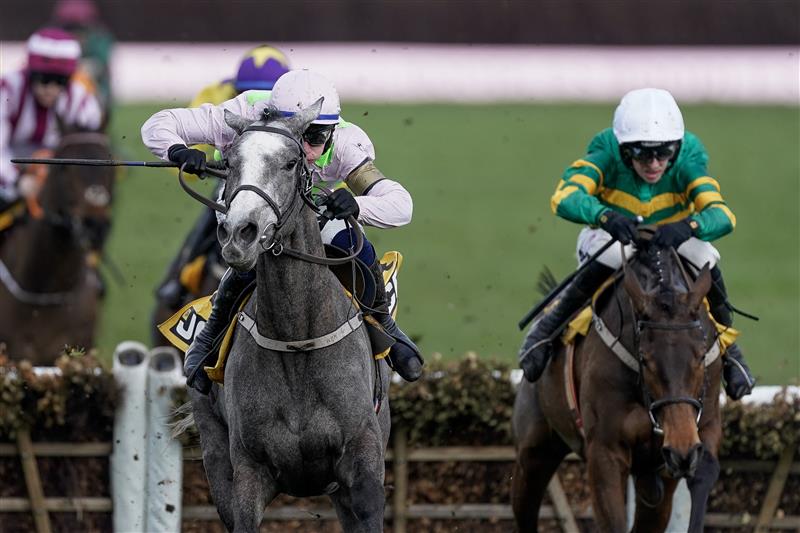 CHELTENHAM, ENGLAND - MARCH 17: Paul Townend riding Lossiemouth (pink) clear the last to win The JCB Triumph Hurdle during day four of the Cheltenham Festival 2023 at Cheltenham Racecourse on March 17, 2023 in Cheltenham, England. (Photo by Alan Crowhurst/Getty Images)