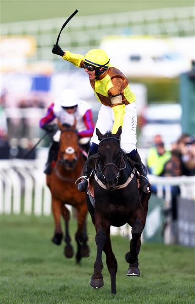 CHELTENHAM, ENGLAND - MARCH 17: Paul Townend on board Galopin Des Champs celebrate after winning the Boodles Cheltenham Gold Cup Chase during day four of the Cheltenham Festival 2023 at Cheltenham Racecourse on March 17, 2023 in Cheltenham, England. (Photo by Michael Steele/Getty Images)