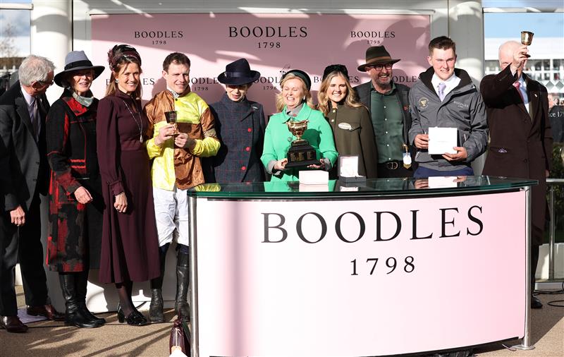CHELTENHAM, ENGLAND - MARCH 17: Paul Townend celebrates after winning the Boodles Cheltenham Gold Cup Chase on board Galopin Des Champs alongside Trainer Willie Mullins and Owner Mrs Audrey Turley during day four of the Cheltenham Festival 2023 at Cheltenham Racecourse on March 17, 2023 in Cheltenham, England. (Photo by Ryan Pierse/Getty Images)
