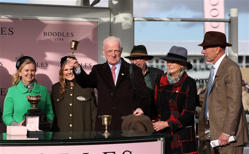 CHELTENHAM, ENGLAND - MARCH 17: Trainer Willie Mullins celebrates as Galopin Des Champs wins the Boodles Cheltenham Gold Cup Chase th during day four of the Cheltenham Festival 2023 at Cheltenham Racecourse on March 17, 2023 in Cheltenham, England. (Photo by Ryan Pierse/Getty Images)
