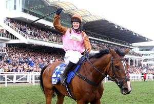 CHELTENHAM, ENGLAND - MARCH 17: Bridget Andrews on board Faivoir celebrates after winning the McCoy Contractors County Handicap Hurdle during day four of the Cheltenham Festival 2023 at Cheltenham Racecourse on March 17, 2023 in Cheltenham, England. (Photo by Michael Steele/Getty Images)