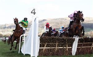 CHELTENHAM, ENGLAND - MARCH 17: Mark Walsh on board Corbetts Cross (L) collides with the rails as Harry Cobden on board Stay Away Fay jumps the last on their way to winning the Albert Bartlett Novices Hurdle during day four of the Cheltenham Festival 2023 at Cheltenham Racecourse on March 17, 2023 in Cheltenham, England. (Photo by Ryan Pierse/Getty Images)