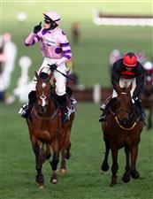 CHELTENHAM, ENGLAND - MARCH 17: Harry Cobden on board Stay Away Fay (L) on their way to winning the Albert Bartlett Novices Hurdle during day four of the Cheltenham Festival 2023 at Cheltenham Racecourse on March 17, 2023 in Cheltenham, England. (Photo by Michael Steele/Getty Images)