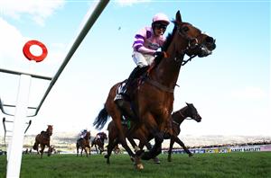 CHELTENHAM, ENGLAND - MARCH 17: Harry Cobden on board Stay Away Fay (L) on their way to winning the Albert Bartlett Novices Hurdle during day four of the Cheltenham Festival 2023 at Cheltenham Racecourse on March 17, 2023 in Cheltenham, England. (Photo by Michael Steele/Getty Images)