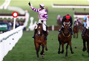 CHELTENHAM, ENGLAND - MARCH 17: Harry Cobden celebrates on board Stay Away Fay after winning the Albert Bartlett Novices Hurdle during day four of the Cheltenham Festival 2023 at Cheltenham Racecourse on March 17, 2023 in Cheltenham, England. (Photo by Michael Steele/Getty Images)