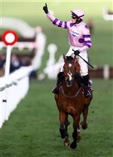 CHELTENHAM, ENGLAND - MARCH 17: Harry Cobden celebrates on board Stay Away Fay after winning the Albert Bartlett Novices Hurdle during day four of the Cheltenham Festival 2023 at Cheltenham Racecourse on March 17, 2023 in Cheltenham, England. (Photo by Michael Steele/Getty Images)
