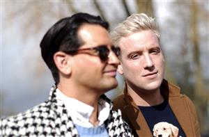 CHELTENHAM, ENGLAND - MARCH 17: Ollie Locke and Husband Gareth Locke arrive ahead of day four of the Cheltenham Festival 2023 at Cheltenham Racecourse on March 17, 2023 in Cheltenham, England. (Photo by Ryan Pierse/Getty Images)