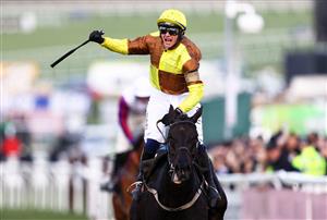 CHELTENHAM, ENGLAND - MARCH 17: Paul Townend on board Galopin Des Champs celebrate after winning the Boodles Cheltenham Gold Cup Chase during day four of the Cheltenham Festival 2023 at Cheltenham Racecourse on March 17, 2023 in Cheltenham, England. (Photo by Michael Steele/Getty Images)