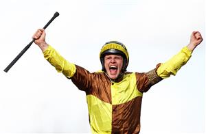 CHELTENHAM, ENGLAND - MARCH 17: Paul Townend on board Galopin Des Champs celebrate after winning the Boodles Cheltenham Gold Cup Chase during day four of the Cheltenham Festival 2023 at Cheltenham Racecourse on March 17, 2023 in Cheltenham, England. (Photo by Ryan Pierse/Getty Images)