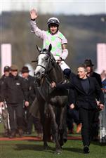 CHELTENHAM, ENGLAND - MARCH 17: Paul Townend celebrates on board Lossiemouth after winning the JCB Triumph Hurdle during day four of the Cheltenham Festival 2023 at Cheltenham Racecourse on March 17, 2023 in Cheltenham, England. (Photo by Ryan Pierse/Getty Images)
