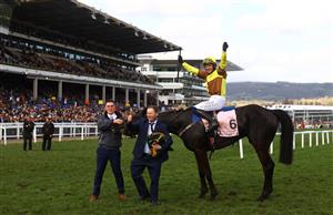 CHELTENHAM, ENGLAND - MARCH 17: Paul Townend on board Galopin Des Champs celebrate after winning the Boodles Cheltenham Gold Cup Chase during day four of the Cheltenham Festival 2023 at Cheltenham Racecourse on March 17, 2023 in Cheltenham, England. (Photo by Michael Steele/Getty Images)