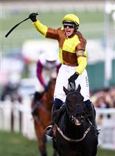 CHELTENHAM, ENGLAND - MARCH 17: Paul Townend on board Galopin Des Champs celebrate after winning the Boodles Cheltenham Gold Cup Chase during day four of the Cheltenham Festival 2023 at Cheltenham Racecourse on March 17, 2023 in Cheltenham, England. (Photo by Michael Steele/Getty Images)