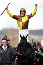 CHELTENHAM, ENGLAND - MARCH 17: Paul Townend on board Galopin Des Champs celebrate after winning the Boodles Cheltenham Gold Cup Chase during day four of the Cheltenham Festival 2023 at Cheltenham Racecourse on March 17, 2023 in Cheltenham, England. (Photo by Ryan Pierse/Getty Images)